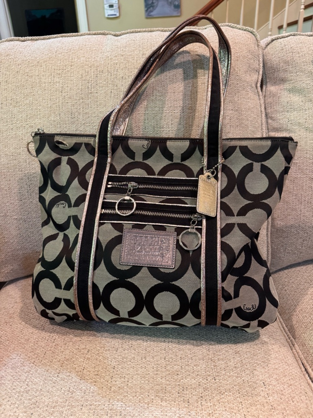 Coach Poppy Black and Cream Signature Canvas Tote with Metallic Trim